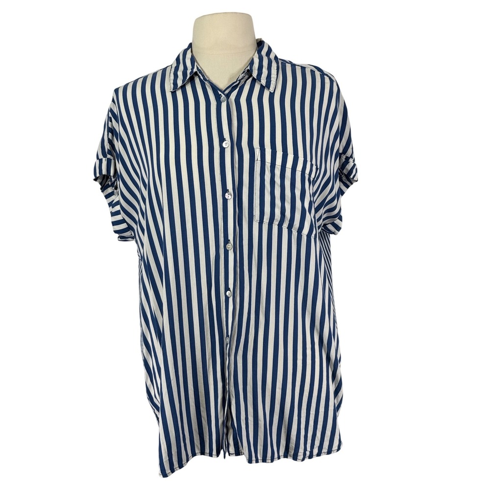 Jane and Delancey Blue White Striped Short Sleeve Button Back‎ Rayon Shirt XL
